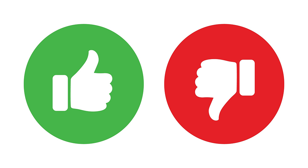 Large “thumbs up” icon with multiple “thumbs down” icons in the background