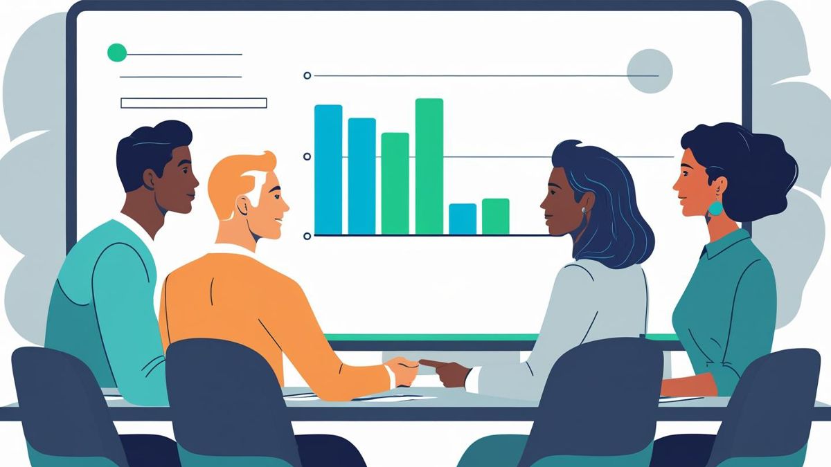 team meeting, reviewing data on a screen