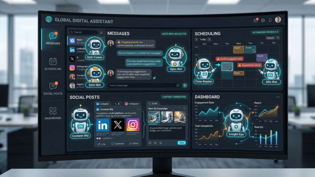 AI robot icons managing messages, scheduling, and social posts on a single platform interface_