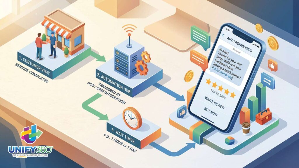 Automated message flow showing review request sent after a customer visit._