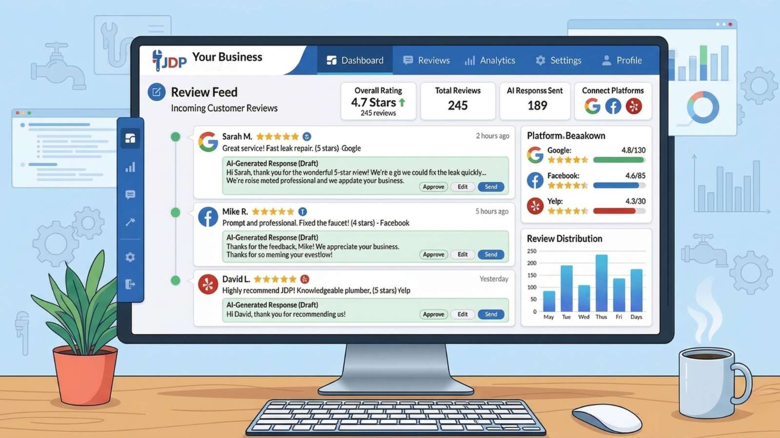 Small business dashboard showing incoming reviews, AI-generated responses, and star ratings across Google, Facebook, and Yelp.