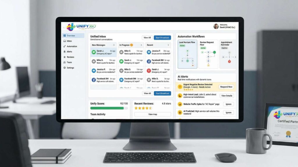 Unify360 dashboard showing unified inbox, automation workflows, and AI alerts