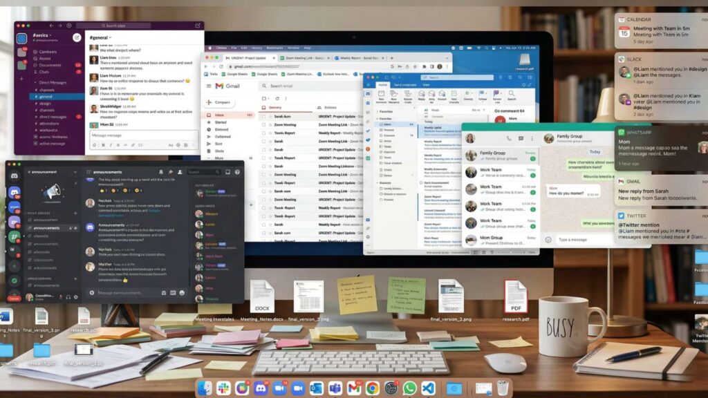 a cluttered desktop with multiple chat apps, emails, and notifications popping up._