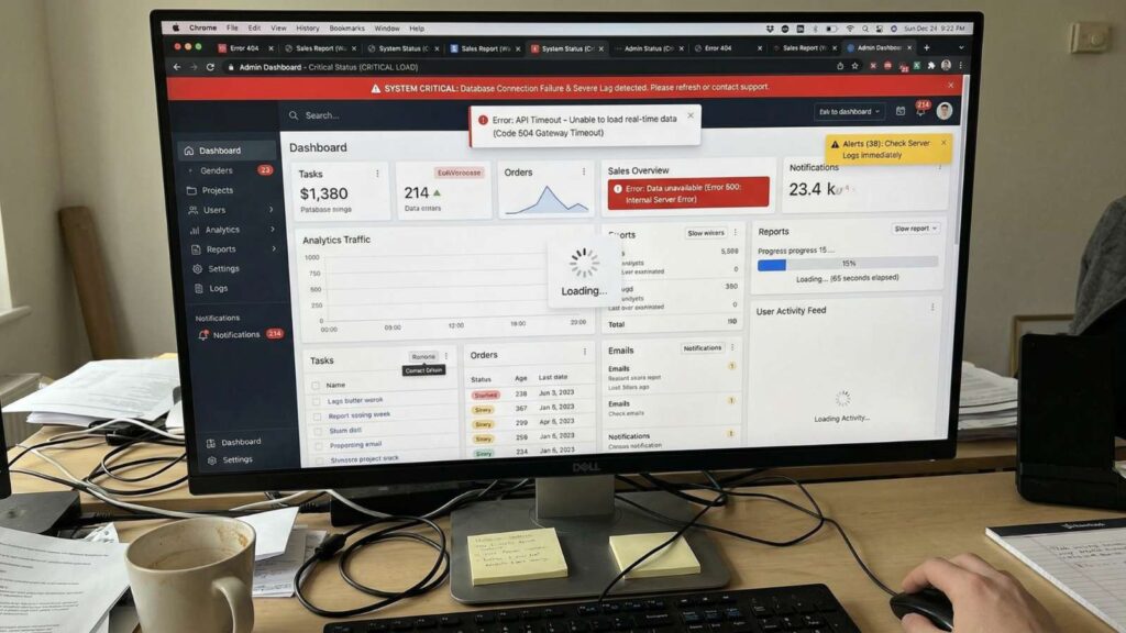 a cluttered website dashboard with error messages and slow load indicators_