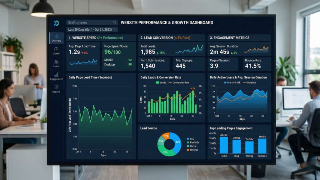 a graph dashboard tracking website speed, lead conversion, and engagement metrics_