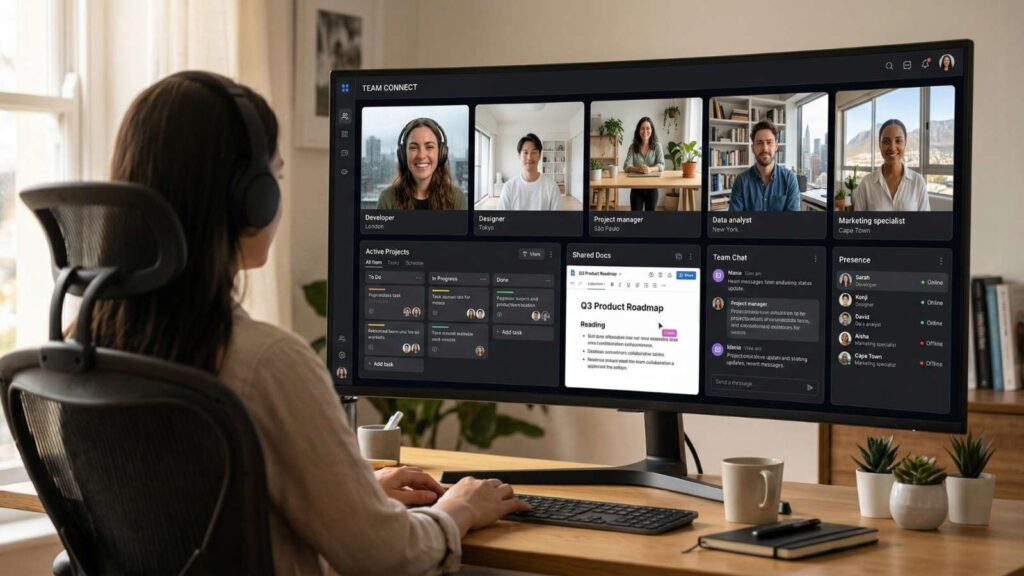 a remote team (working from different locations) connected through a sleek, unified dashboard