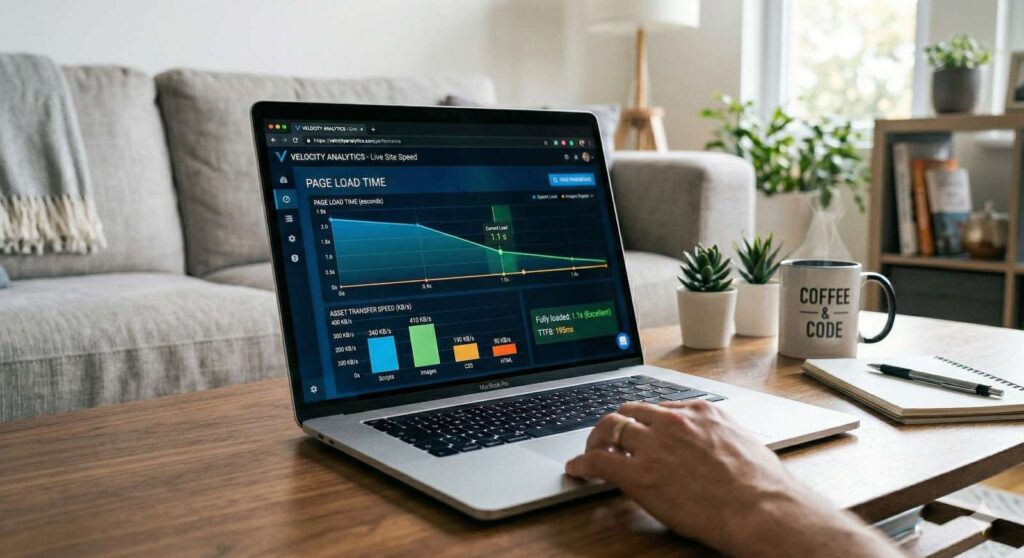 a sleek laptop screen showing a fast-loading website with speed graphs_