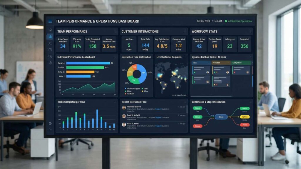 dashboard showing real-time team performance metrics, customer interactions, and workflow stats